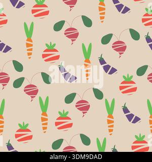 Bright seamless vegetable pattern on light background with stylized carrots, radishes, tomatoes and eggplants, striped textures and green leaves Stock Vector