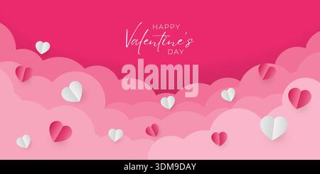 Happy Valentines Day poster. Beautiful paper cut white clouds with heart on pink background. Vector symbols of love in shape of heart for Happy Womens Stock Vector