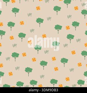 Symmetrical seamless pattern with green trees, orange flowers, and grass elements on a beige background, designed as a repeating nature surface Stock Vector
