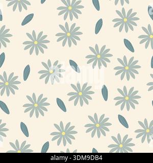 Seamless floral pattern with stylized daisies and leaves on soft cream background, balanced repeat design for textile prints, wallpaper, packaging Stock Vector