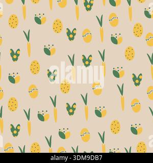 Seamless Easter spring pattern with stylized eggs, patterned shells, carrots with green tops, and abstract tulip-like flowers. Bright yellow and green Stock Vector