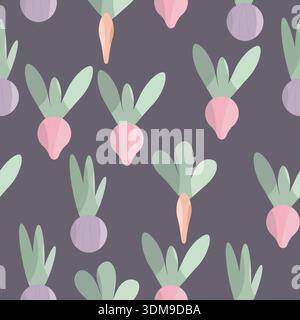 Seamless symmetric pattern with stylized radish, turnip and carrot in pastel colors with green leaves on dark gray background Stock Vector
