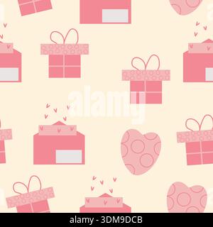 Seamless Valentine’s Day pattern with gift boxes, envelopes with hearts, and decorative heart shapes in pink and red tones on light beige background Stock Vector