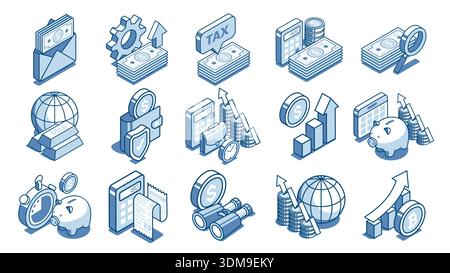 isometric vector set of linear icons on the theme of finance, in color on a white background, money and wallet with calculator and piggy bank with  ca Stock Vector