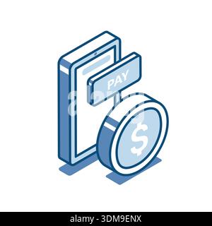 The isometric vector linear icon of the smartphone with button on the screen and coin with a dollar icon, in color on a white background, payment thro Stock Vector