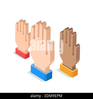 Isometric vector hands raised upward, in color on a white background, support or voting Stock Vector
