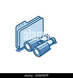 Isometric vector linear icon binoculars and folder, in color on a white background, search for a document by archive or in a computer Stock Vector