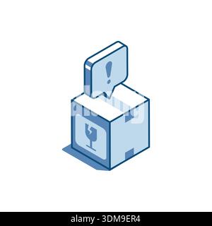 Isometric vector linear icon of the box with a sticker a glass and a text bubble with an exclamation, in color on a white background, a postal package Stock Vector
