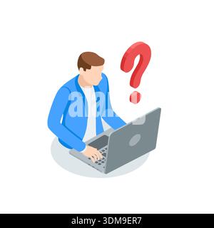 Isometric vector business man working behind a laptop and a question mark, in color on a white background, search for solutions or a working task Stock Vector