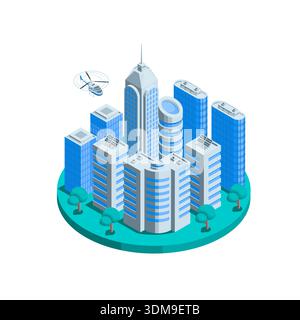 Isometric vector modern city from skyscrapers on a green round field, in color on a white background, an ecological city Stock Vector