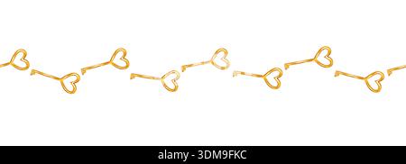 Elegant golden heart-shaped keys. Vector seamless border. Minimalist romantic symbol for Valentine designs Stock Vector
