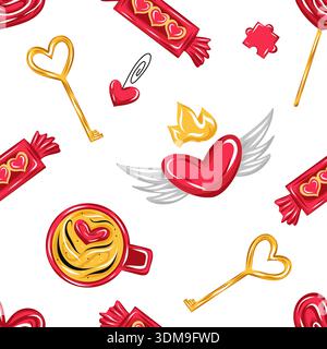 Seamless Valentine pattern with winged hearts, golden keys, candies and coffee cup. Vector Stock Vector