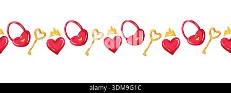 Red heart locks, golden keys and glossy hearts with crown. Vector seamless border. Romantic love symbols for wedding designs Stock Vector