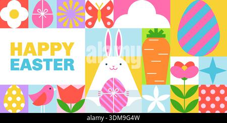 Happy Easter banner, flyer, poster, greeting card. Geometric background with colorful eggs, rabbit, bunny, spring blossom flowers. Holiday color block Stock Vector