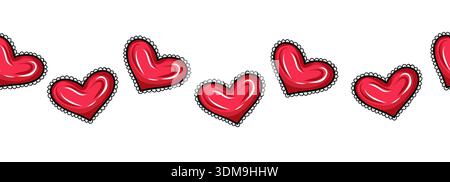 Glossy red hearts with decorative stitched outline. Seamless vector border. Cute romantic illustration for Valentine designs, cards, textiles, wrappin Stock Vector
