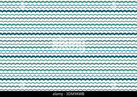 Abstract stripes blue green colour, optical art wave line seamless pattern. Hand drawn uneven doodle style design, curve motion illusion, white Stock Vector