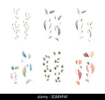 Six distinct sets of hand painted watercolor leaves feature delicate branches with varied leaf shapes and colors. Stock Vector