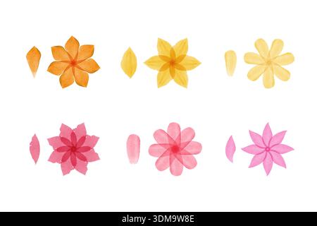A collection of vibrant watercolor flowers and individual petals displayed on a plain white background. Six unique floral designs in orange, yellow, and pink hues are presented. Stock Vector