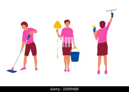 Woman in comfortable clothes in different poses with various cleaning equipment. Cleaning home and office. Vector iillustratiion. Stock Vector