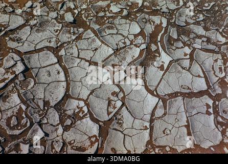 Close-up view of severe drought conditions causing the earth to crack into a deep, parched mosaic of fissures in a dry riverbed or agricultural field. Stock Photo