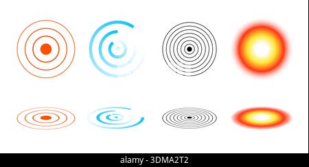 Epicenter circle radar icons set. Vector wave ring radial epicenter target icon. Stock Vector