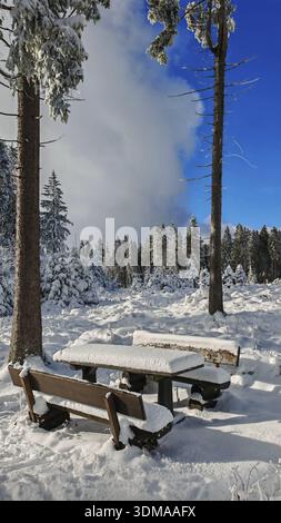 Snowy wooden table and benches in the forest, blue sky, Rennsteig, Thuringian Forest nature park Park Stock Photo