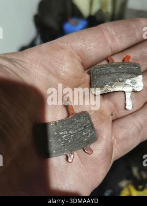 Close-up of used brake pads on one hand, bicycle, disc brakes, worn Stock Photo
