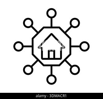 Abstract graphic representing home network connectivity, featuring a central house icon and interconnected nodes, symbolizing digital communication an Stock Vector