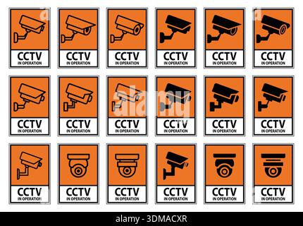 A collection of CCTV surveillance signs designed for enhanced security and safety monitoring in various environments. The signs depict cameras on an o Stock Vector