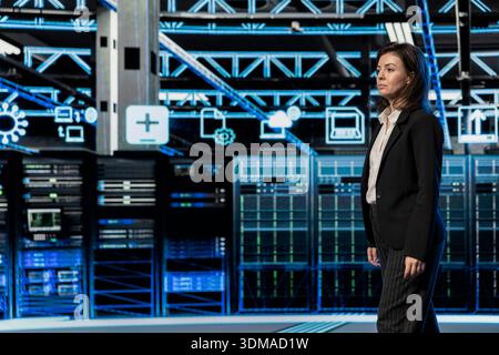 AR visualization of server farm supervised by manager doing maintenance on equipment. IT expert walking through data center supercomputers, overseeing electronics, VFX compositing concept Stock Photo