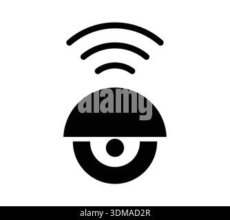 Simple black and white icon representing a surveillance camera emitting signal waves, perfect for concepts related to security, technology, and monito Stock Vector