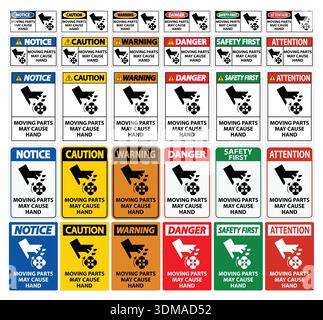 A collection of safety signs displaying various warnings and notices for machinery. Clear icons and color-coded backgrounds enhance visibility and com Stock Vector