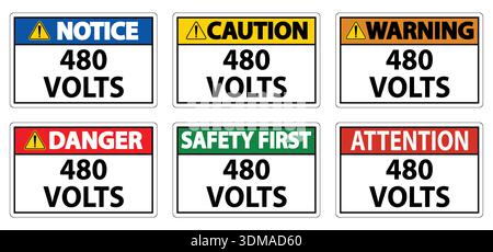 A collection of safety signs warning of 480 volts electrical hazard. These colorful signs include notice, caution, warning, danger, and safety reminde Stock Vector