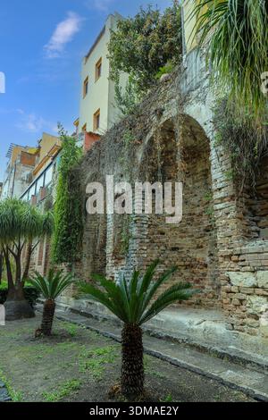 The Naumachie, a Roman brick wall featuring 18 large niches that once held statues, a nymphaeum or water cistern, Taormina, Sicily, Italy, Europe Stock Photo