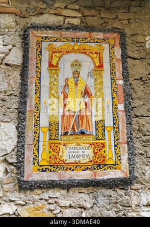 A ceramic tile picture of Taormina's Patron Saint, San Pancrazio (St Pancras), Taormina, Sicily, Italy, Europe Stock Photo