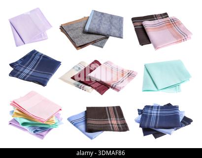 Different fabric handkerchiefs isolated on white, set Stock Photo