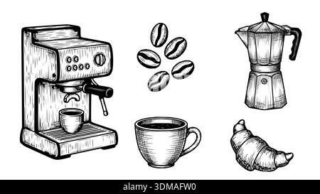 A highly detailed collection of coffee-themed illustrations in a classic engraving style. Stock Vector
