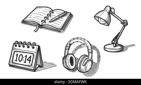 A detailed collection of office and study-themed illustrations in a classic engraving style. Stock Vector