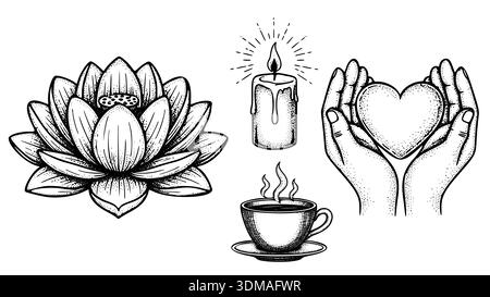 A beautiful collection of detailed hand-drawn illustrations in a vintage engraving and stippling style. Stock Vector