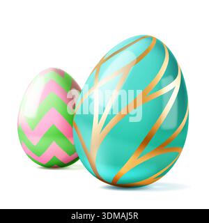 Easter illustration with large teal egg with gold stripes and smaller pink and green chevron egg on white background with soft shadows. Stock Vector