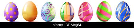 Vibrant Easter eggs with diverse patterns, stripes, and polka dots on a white background, showcasing soft shadows and shiny surfaces. Stock Vector
