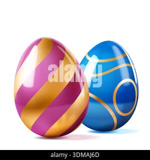 Easter illustration with pink, blue and gold eggs on white background with soft shadows. Stock Vector