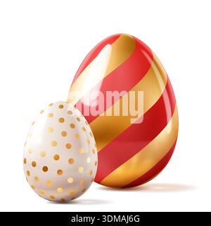 Easter illustration with colorful eggs with soft shadows on white background, featuring red, gold and white eggs with patterns. Stock Vector