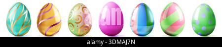 Set of seven colorful Easter eggs with various patterns and soft shadows on white background. Stock Vector