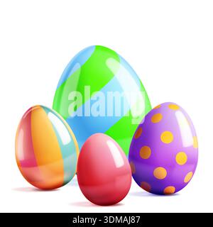 Easter illustration with four shiny eggs in various colors and patterns on a white background with soft shadows. Stock Vector