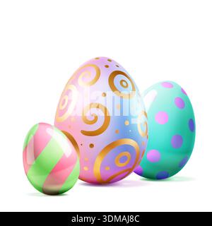 Easter illustration with pastel eggs with soft shadows on white background, swirly and dotted patterns. Stock Vector
