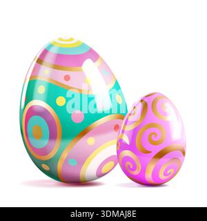 Easter illustration with two shiny eggs, one large and one small, featuring pink, gold, and teal designs with soft shadows. Stock Vector