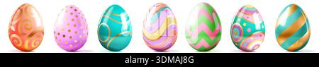 Set of shiny easter eggs with various patterns and soft shadows on white background, showcasing vibrant colors and ornate designs. Stock Vector