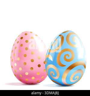 Two colorful Easter eggs with soft shadows on white background, pink with gold dots and blue with gold swirls. Stock Vector
