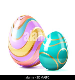 Easter illustration with two shiny eggs, one with pastel stripes and gold accents, the other teal with gold stripes, on a white background with soft s Stock Vector